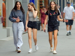 Group of three girls walking on sidewalk